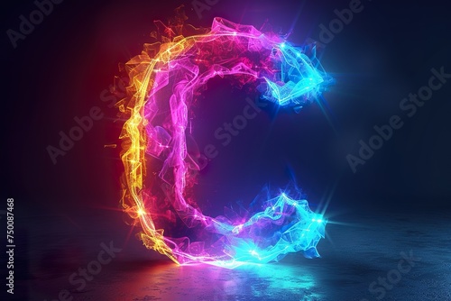 Letter C - colorful glowing outline alphabet symbol on blue lens flare isolated white background background