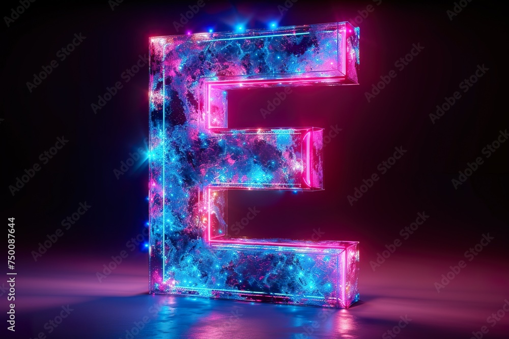 Letter E - colorful glowing outline alphabet symbol on blue len isolated white background - obrazy, fototapety, plakaty 