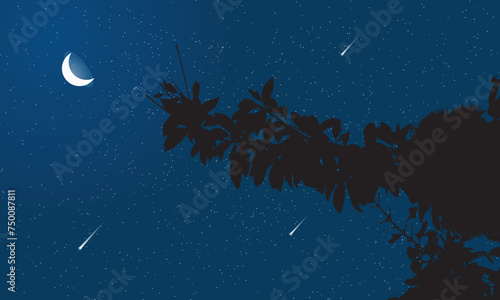 Beautiful night sky landscape in forest with moon and stars