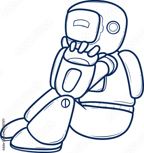 outline cartoon robot sitting and looking pensive