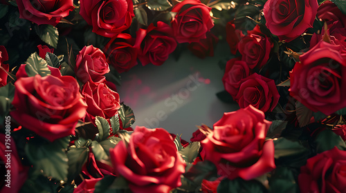frame for valentine s day  center is white  blank copy space  surrounded by red roses  aerial view