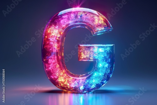 Letter G - colorful glowing outline alphabet symbol on blue lens flare isolated white background background