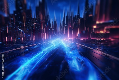 Abstract Speed light trails effect path  fast moving neon futuristic technology background  future virtual reality  motion effect  curve of neon bright  highway speed light  with Generative Ai