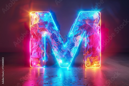 Letter M - colorful glowing outline alphabet symbol on blue lens flare isolated white background