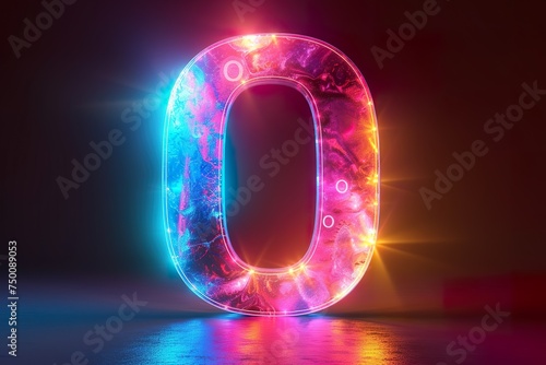 Letter O - colorful glowing outline alphabet symbol on blue lens flare isolated white background background