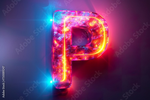 Letter P - colorful glowing outline alphabet symbol on blue lens flare isolated white background