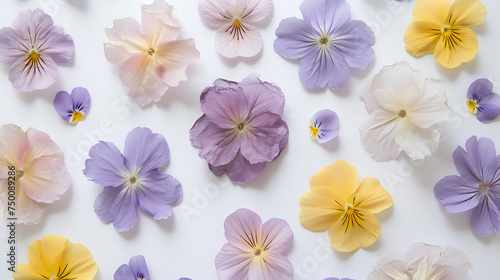 spring flowers background - pressed flowers arrangement, light violet and yellow, Tabletop photography, naturalistic details, white background, contemporary diy.