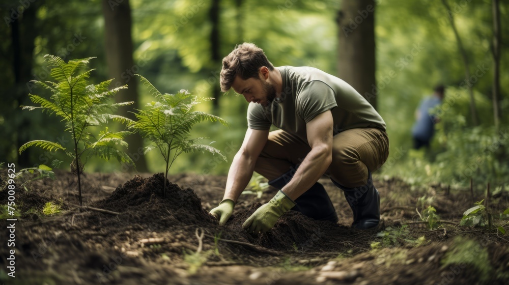 A man planting trees in a park. The concept of Earth Day. A man planting trees in a park. The concept of Earth Day.