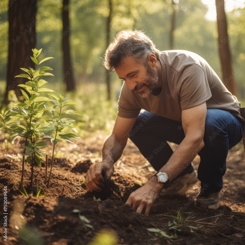 Fototapeta premium A man planting trees in a park. The concept of Earth Day.