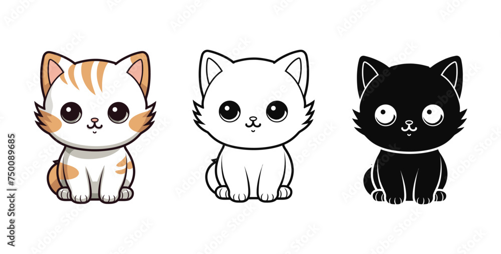 Cute Cat vector illustration, Coloring Pages, outline, silhouette