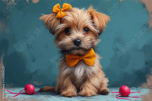 Fluffy cute little dog with yellow bow in childish cartoon style on isolated blue background.