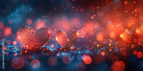 Background of illuminated hearts and glowing light particules with bokeh. Concept of love, St. Valentine's Day. Copy space for text, message, advertising. Template for celebration, greeting card,