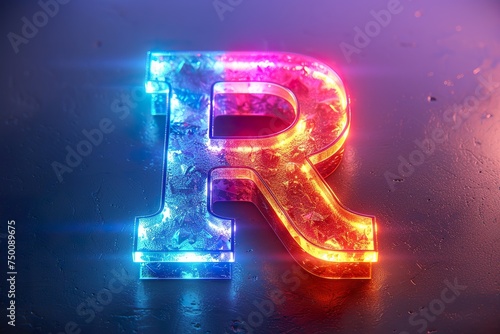 Letter R - colorful glowing outline alphabet symbol on blue lens flare isolated white background background