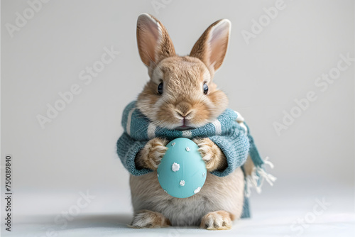 a cute beige rabbit is carrying the azure Easter egg, Rabbit is wearing blue jacket with buttons and striped scarf, smilecore, cutecore, bold colors, white background photo