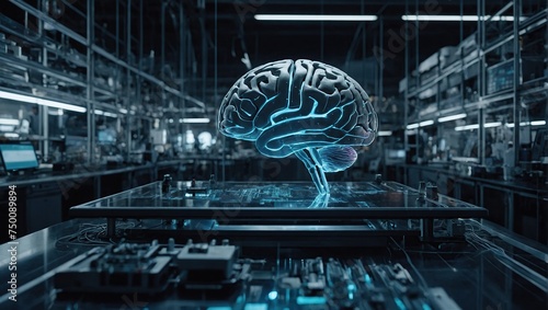  neural artificial intelligence brain in factory lab for futuristic research, technology innovation and machine learning network IQ of generative art and AI tools as wide banner hologram