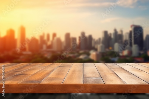 The empty wooden table top with blur background of sky lounge on rooftop with cityscape view. Exuberant image. generative AI © Summit Art Creations