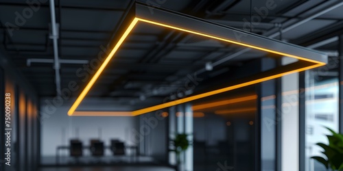 Neon-lit upshot view of a dim office ceiling. Concept Neon Lighting, Office Space, Ceiling View, Upshot Perspective, Dim Interior