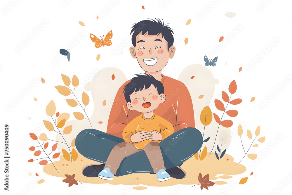 Fototapeta premium Dad and one little boys parent-child photo,Chinese,looking very happy with a clean background vector flat,sticker 8K