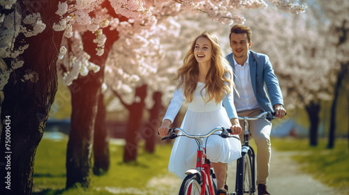 Young couple rides a Bicycle in the Park.