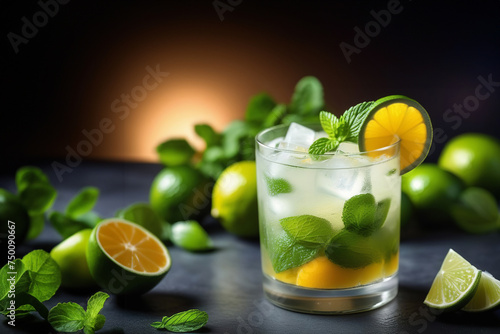 classic mojito cocktail with rum, lime and fresh mint on beautiful green blur background. Travel and vacation concept. Summer background