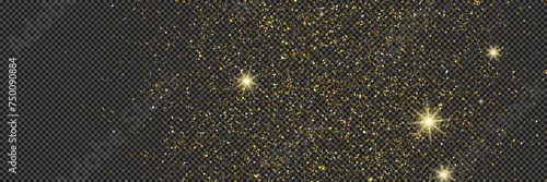 Gold glittering dust with stars on transparent backdrop