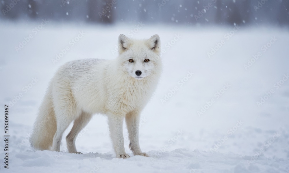 A white polar fox is standing in the snow, looking at the camera. The image has a serene and peaceful mood, as the fox is alone in the snow, seemingly undisturbed by its surroundings A white polar fox is standing in the snow, looking at the camera. The image has a serene and peaceful mood, as the fox is alone in the snow, seemingly undisturbed by its surroundings