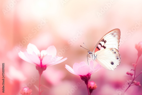 Beautiful image in nature, butterfly on pink flower against blurred background. © julijadmi