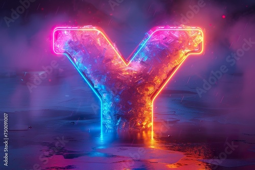 Letter Y - colorful glowing outline alphabet symbol on blue lens isolated white background