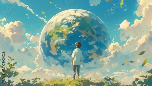 A young man stands on a hill looking at the earth. The sky is blue and the earth is large photo