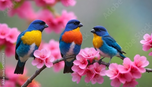 Colorful Bird. Songbird in Cherry Blossoms © nizar