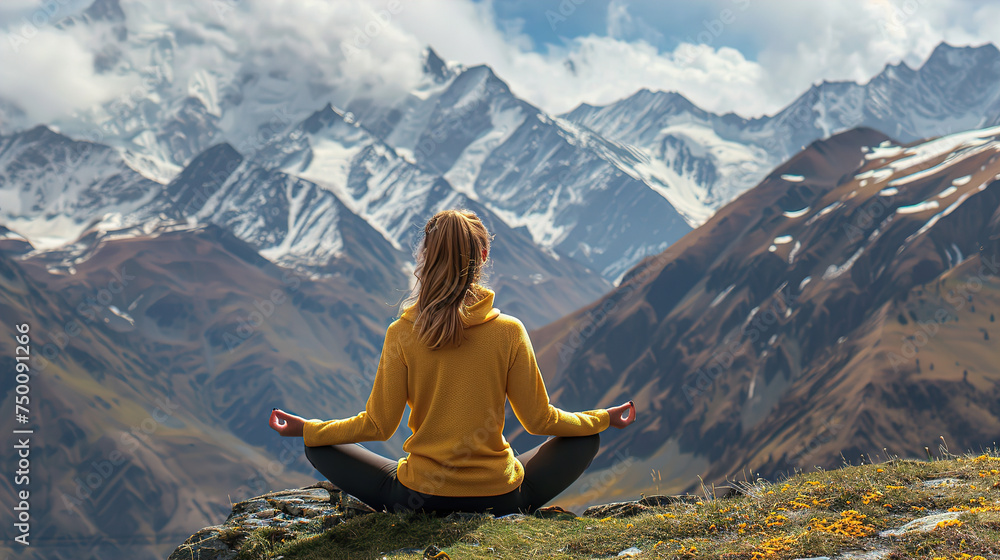 Serenity and yoga practicing at mountain range,meditation. A young woman meditates sitting on a Mountain