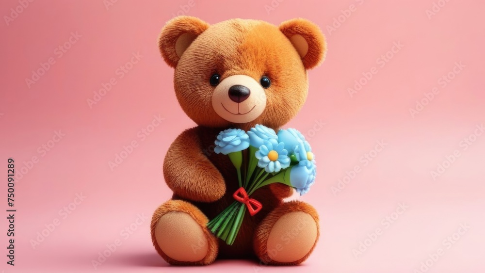 Teddy bear is holding bouquet of flowers isolated on pastel background. Concept of birthday and warmth, affection as teddy bear is symbol of love and comfort. Flowers add touch of beauty, color. Teddy bear is holding bouquet of flowers isolated on pastel background. Concept of birthday and warmth, affection as teddy bear is symbol of love and comfort. Flowers add touch of beauty, color.