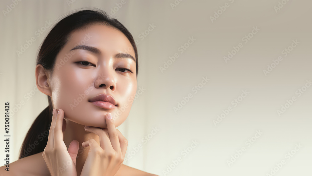 Portrait of a beautiful Asian woman. Copy space for text, advertising. Concept of beauty, anti aging, cosmetic product, skin, care, make-up, cosmetics, plastic surgery Portrait of a beautiful Asian woman. Copy space for text, advertising. Concept of beauty, anti aging, cosmetic product, skin, care, make-up, cosmetics, plastic surgery