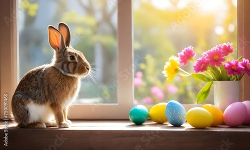 Easter bunny and easter eggs on a wooden window sill © nizar
