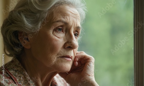 An elderly senior woman with grey hair is looking out the window. Upset and alone