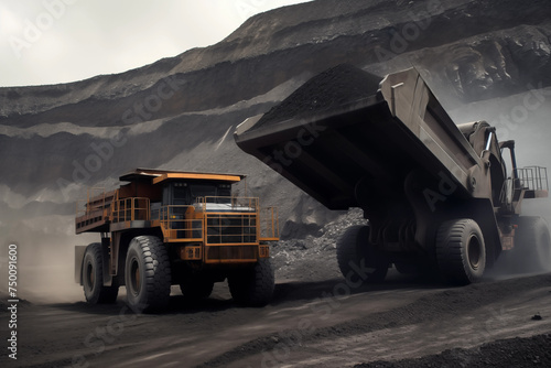 Mining truck in opencast mining-pit. Electric EV futuristic mining truck in quarry. Haul truck on ore work in open pit. Dump truck on coal transportation. Uranium mining in space. Copper mine works. photo