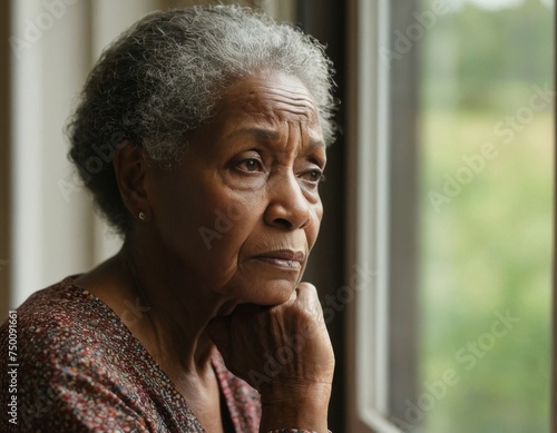 An african american senior woman is looking out the window. She is sad or contemplative