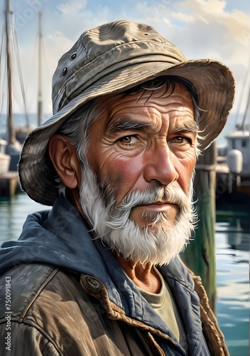 portrait of elderly fisherman person. Generative AI