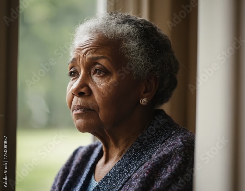 An african american senior woman is looking out the window. She is sad or contemplative
