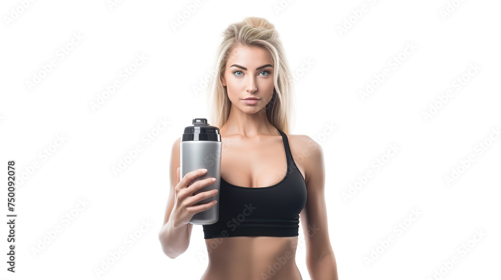 Portrait of a sporty beautiful smiling lady in sports clothes and holding a shaker with a healthy drink, whey protein on a white background. Banner, Design Portrait of a sporty beautiful smiling lady in sports clothes and holding a shaker with a healthy drink, whey protein on a white background. Banner, Design
