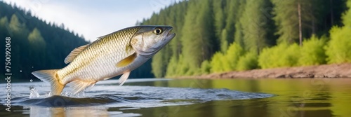 Rainbow trout jumping out of the water with a splash. Fish above water catching bait. Panoramic banner with copy space photo
