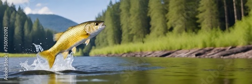 Rainbow trout jumping out of the water with a splash. Fish above water catching bait. Panoramic banner with copy space