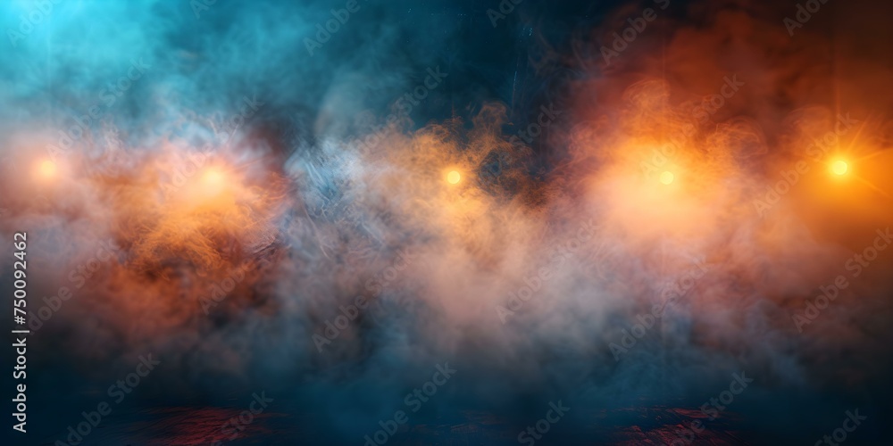 Dimly lit space with billowing smoke rising from above creating atmosphere. Concept Mysterious Setting, Atmospheric Smoke, Dim Lighting