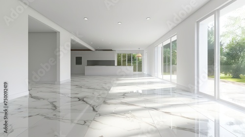 Spacious interior design showcasing bright room with marble floor and large windows facing a garden