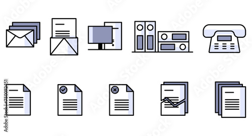 Conjunto de ícones com temática de escritório, negócios, papelaria, computadores, documentos, fichário, email, correspondência.
