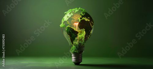 A conceptual image of a light bulb with the continents of Earth as its surface, glowing on a dark green background.