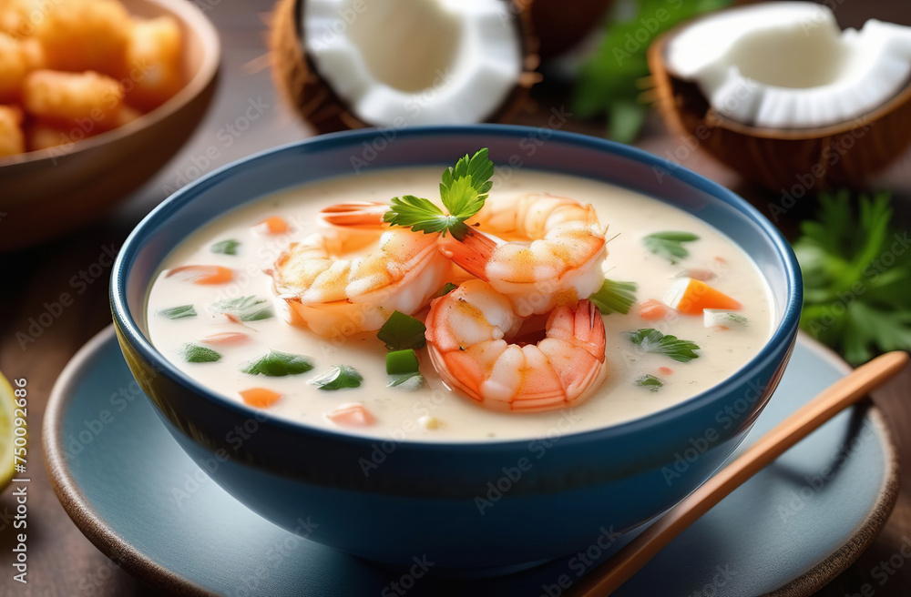 Tom Yam kung spicy Thai soup with prawn and coconut milk. Traditional asian spicy coconut milk soup. Cream soup. Coconut Shrimp Soup Tom Yam kung spicy Thai soup with prawn and coconut milk. Traditional asian spicy coconut milk soup. Cream soup. Coconut Shrimp Soup