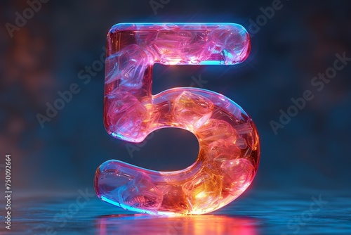 Number 5 - colorful glowing outline alphabet symbol on blue lens isolated white background © Poulami
