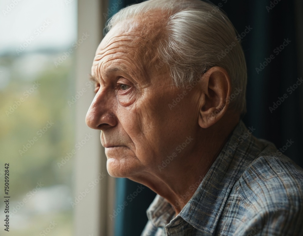 A senior man is looking out the window. He is sad or contemplative A senior man is looking out the window. He is sad or contemplative