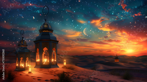 Traditional Arabian lantern standing on the sands of a serene desert under the crescent moon, evoking Ramadan's spirituality and the tranquil beauty of an endless background